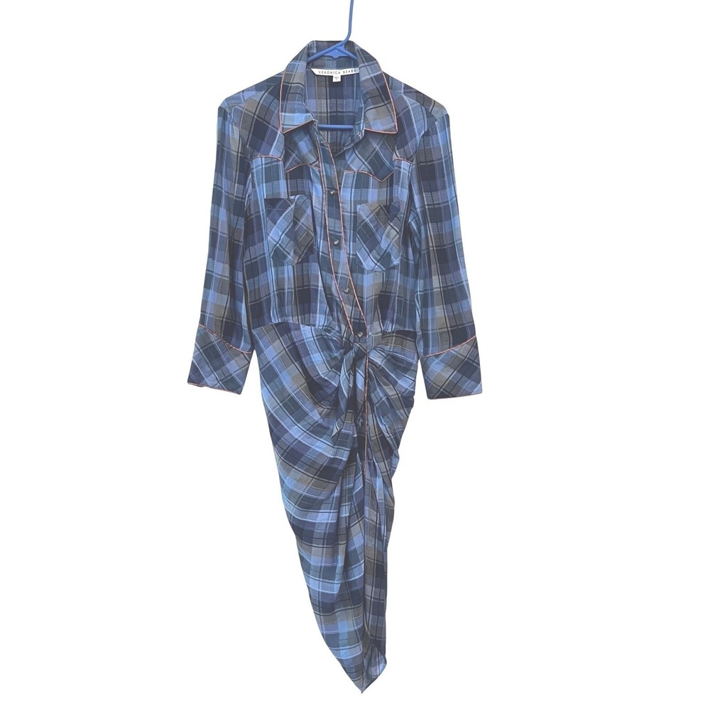 Veronica Beard Sierra Blue Plaid Western Draped Ruched Shirt Dress Size‎ 6